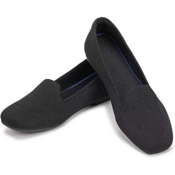 Frank Mully Flat Shoes Women Black Knitted Fabric Square Toe Slip Loafer Shoes - Picture 2 of 9